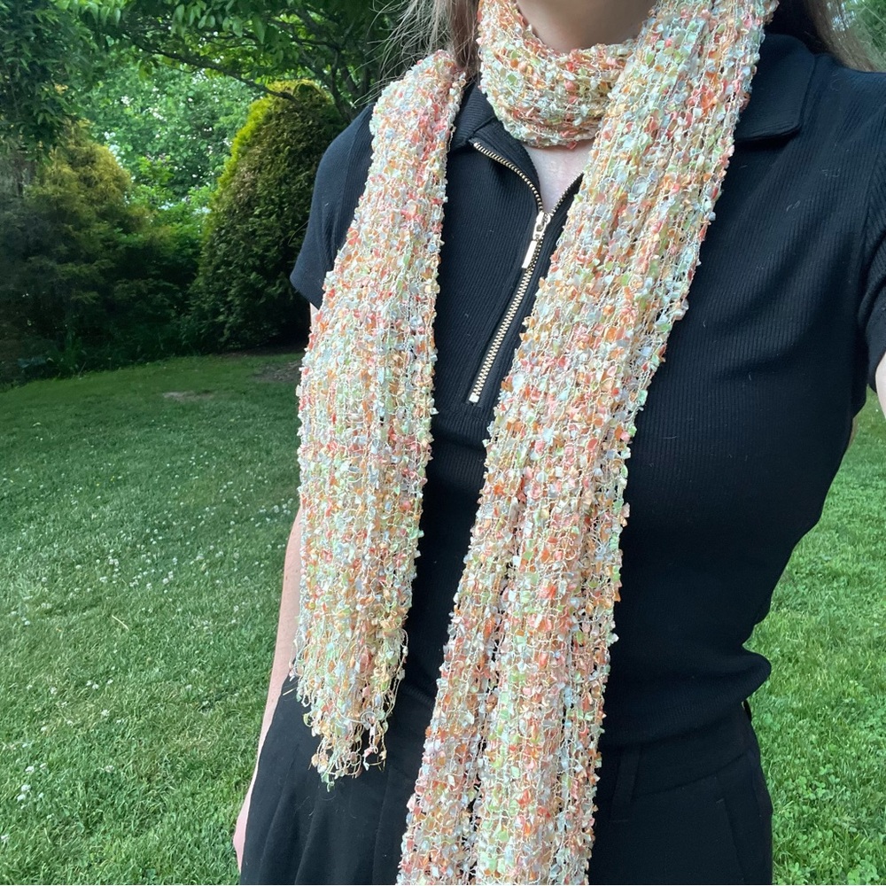 Lightweight Pastel Multi-Color Bouclé Scarf - orange, green, white - Y2K